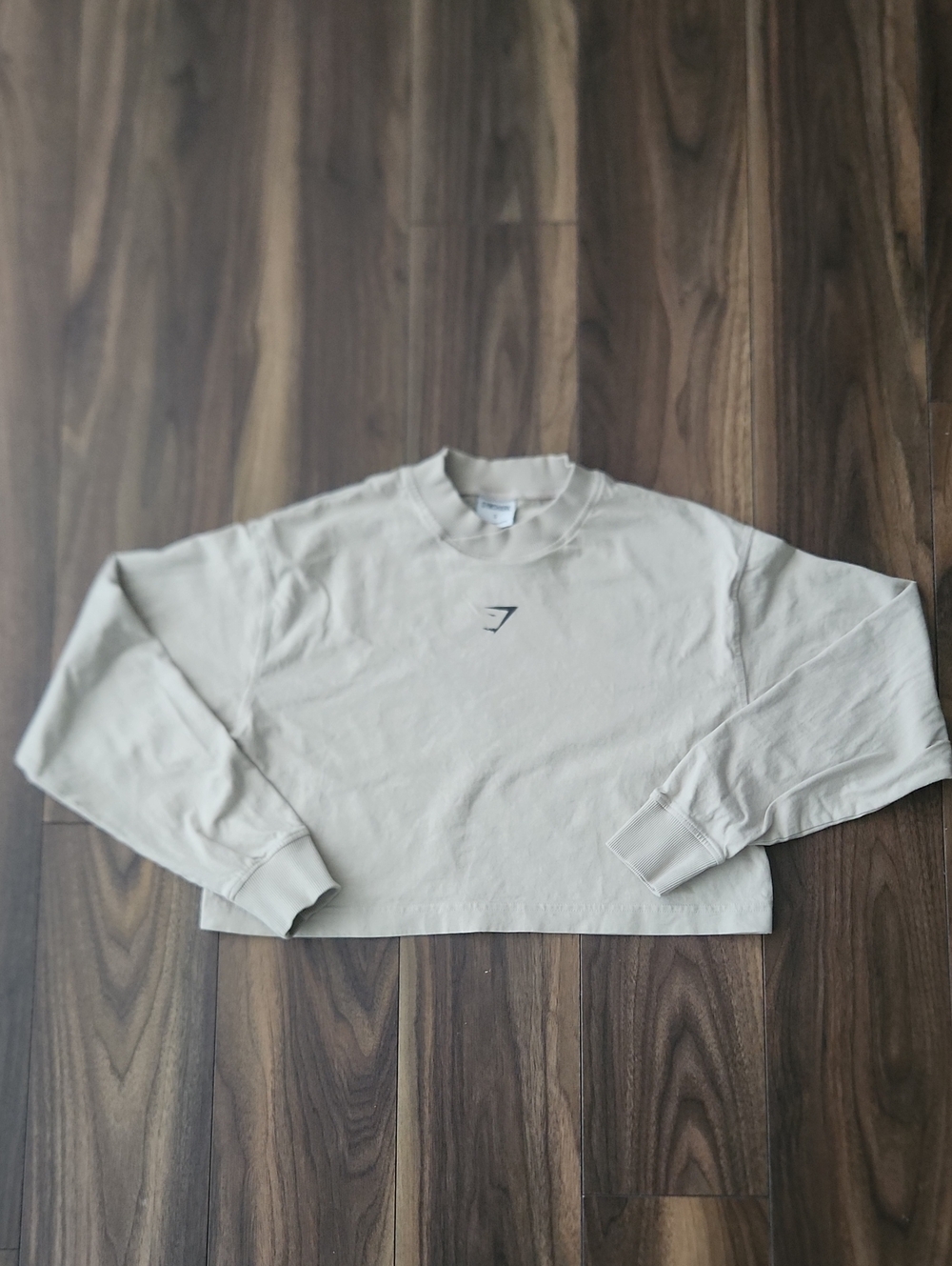 Gymshark Light Beige Crop Crewneck Long Sleev3 with Black Logo Small